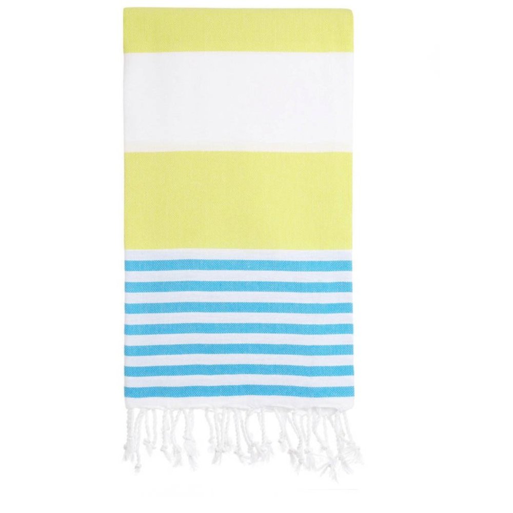 4 Yellow Turquoise Striped Beach Bath Towels - 100% Turkish Cotton